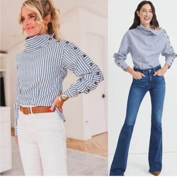 Veronica Beard Fauri Striped Off-The-Shoulder Long Sleeve Shirt Size 4 - Picture 1 of 16